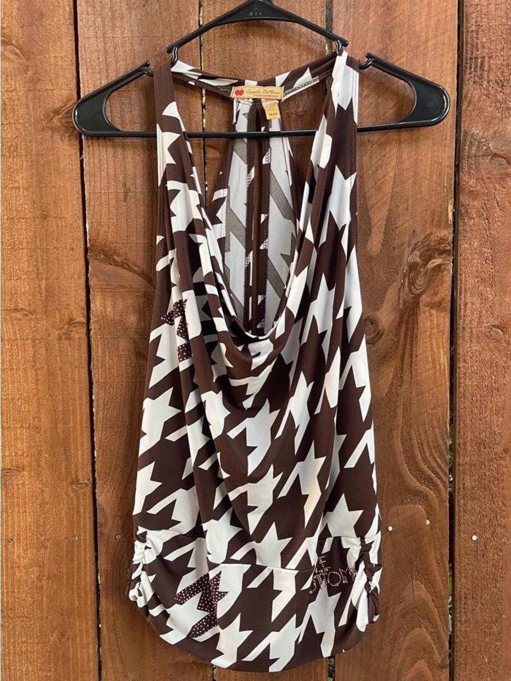 Y2k 2000s Apple Bottoms Brown Houndstooth Cowl Neck Open Back Mini Dress Sz M